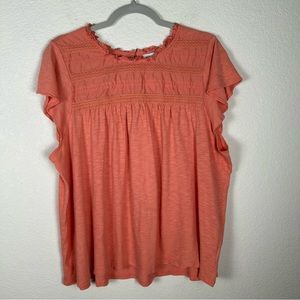 Ella Rae Women’s Sz XXL peach knit, flutter sleeve, cotton lace, ruffled collar